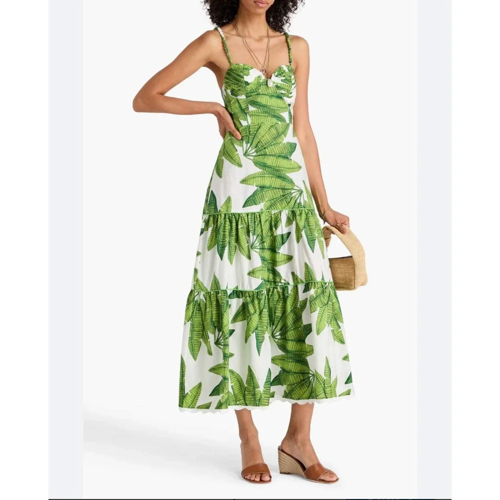 Farm Rio Green Banana Leaf Tiered Midi Dress XL Tropical Beaded Straps Scalloped - Picture 1 of 10